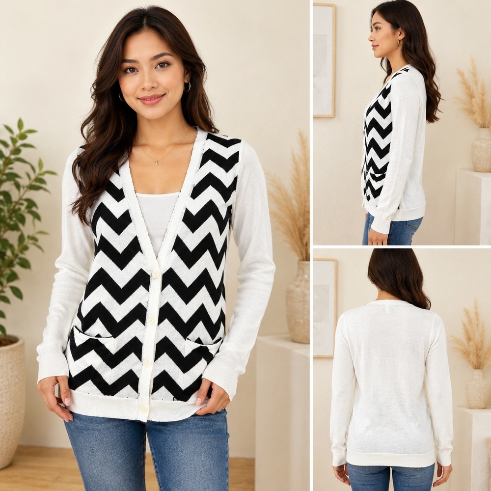 Brochu Walker Cardigan Sweater Womens XS White Black Chevron Linen Blend Preppy